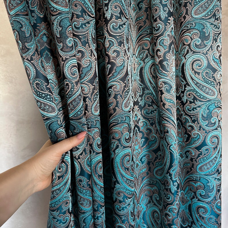 luxury rich classy jacquard curtains, Turquoise blue thick living room curtains, Custom Art deco floral curtain pair panels image 8