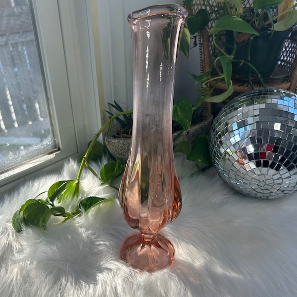 Vintage LE Smith Pink Glass Swung Vase Footed Petal Base 13.5” Inches Tall - hazing