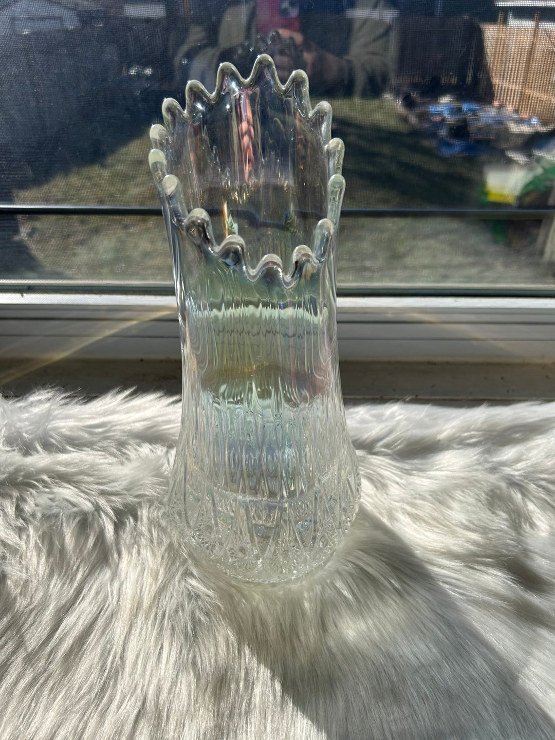 Vintage LE Smith Iridescent Carnival Glass Swung Ripple Vase Clear