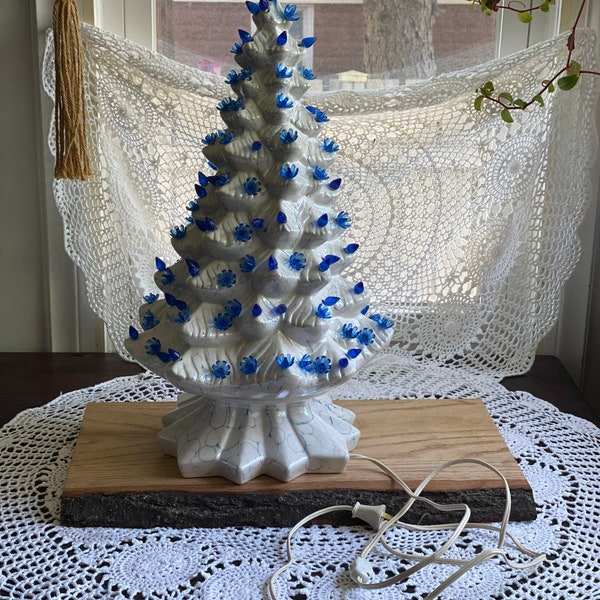 Vintage Christmas ceramic tree with unique blue marbling