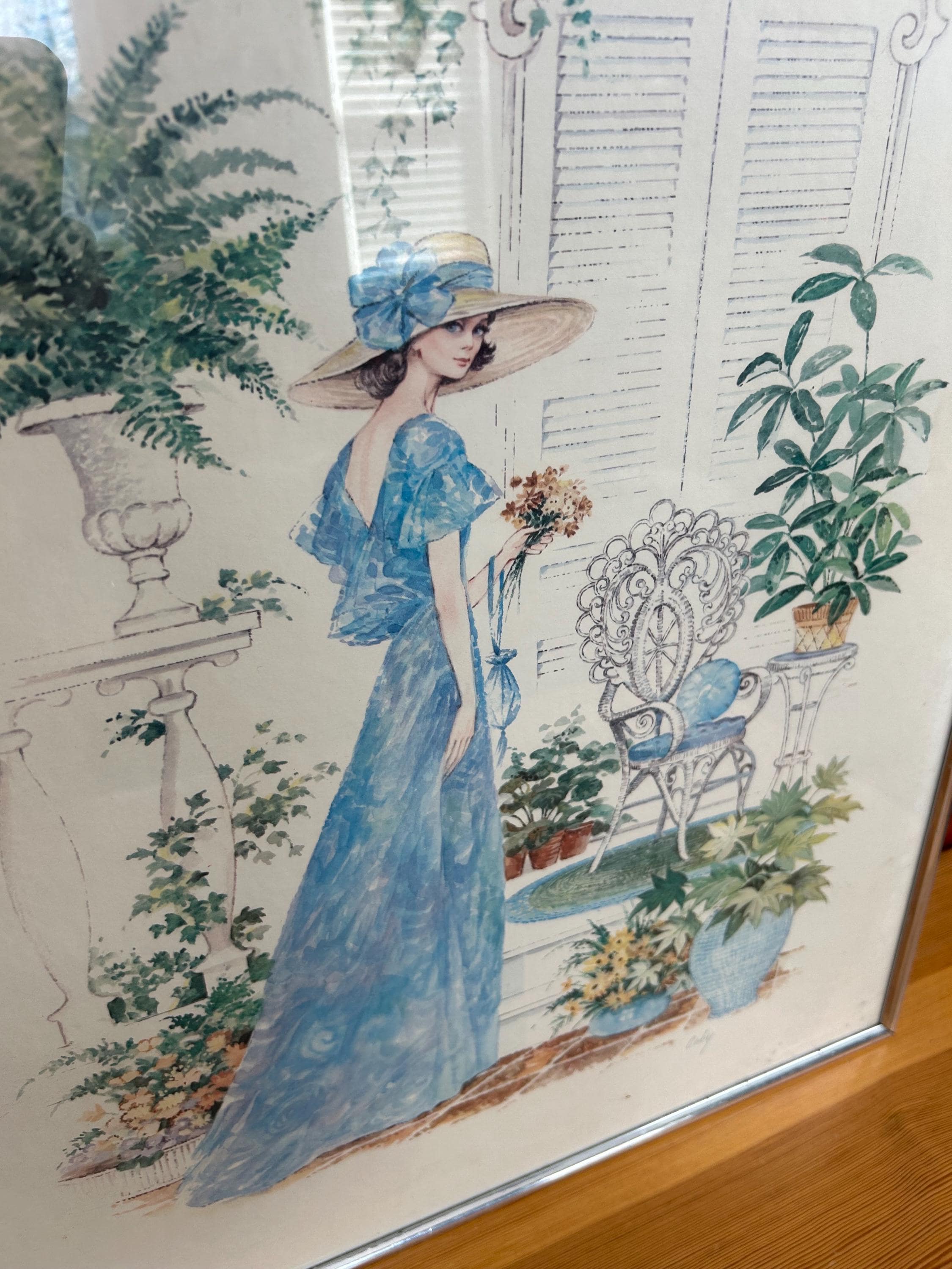 1976 Print Signed Coby Women Girl in a Blue Dress Hat Plants Vintage ...