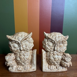 Owl mama and baby ceramic vintage bookends - CHIPPED