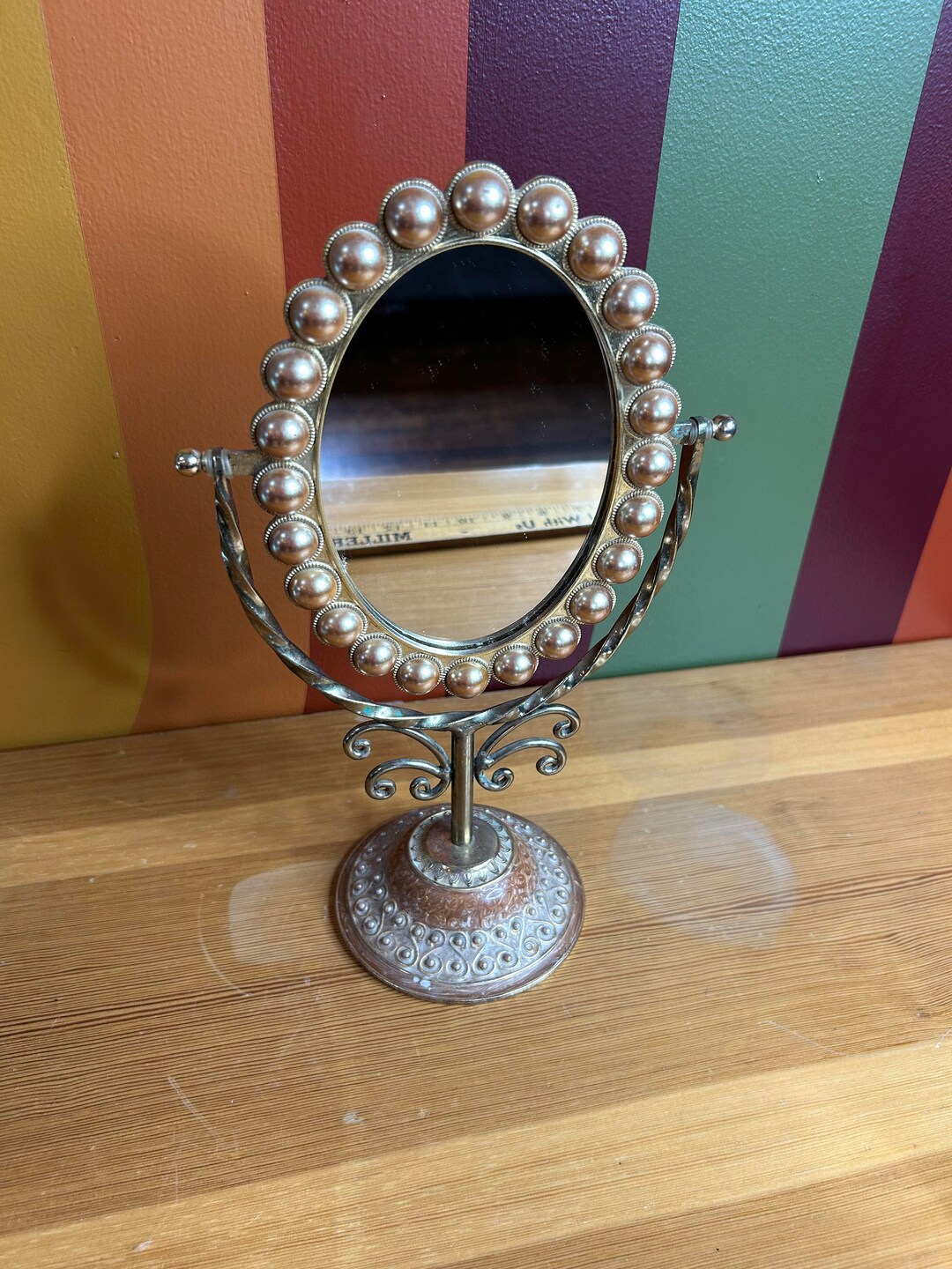 Vintage Metal Makeup Vanity MCM Dresser Top Mirror Metal Pearl Trim 11