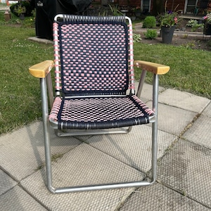 Vintage macrame pink navy aluminium outdoor patio folding chair retro summer spring outdoors outside relax oasis - marking on arms see pics