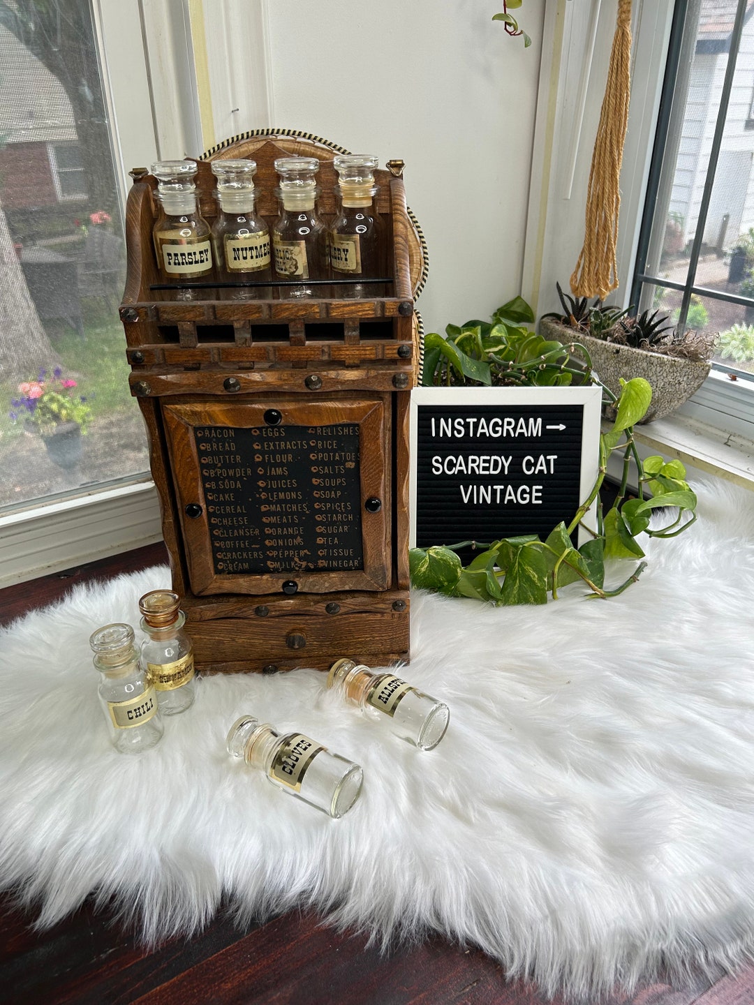 Vintage Wooden Spice Rack Grocery List Glass Bottles Kitchen Etsy