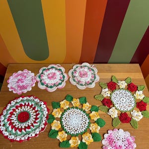 Vintage crochet knitted handmade dolies under plants table protector