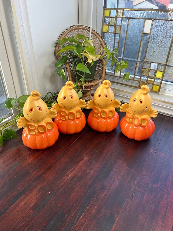 Vintage Halloween pumpkin ghost blow molds mini boo - missing lights and stakes