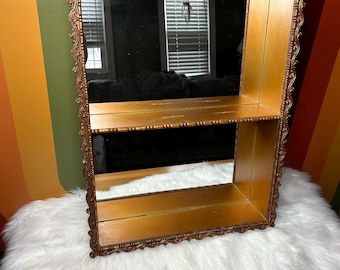 Vintage mirrored background shelf for minis Knick knacks crystals oils - vintage/water damage wear shadow box