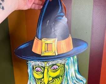 Vintage Halloween 1973 beistle witch cut out decoration black hat green face decoration