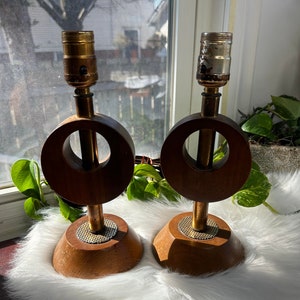 Vintage Wooden Lamps Mid Century Modern Gold MCM Geometric Shape 11" Inches Tall Lights Wood Lamps Slightly Damaged - 2 PCS
