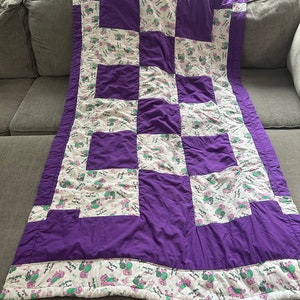 Vintage 1993 Barney homemade quilt and top sheet purple blanket cozy