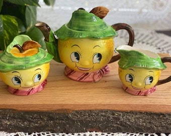 Anthromorphic Lemon family Teapot, Creamer And Sugar Heads PY japan yellow smiling face