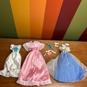 1990s vintage Barbie outfits 3 gowns dresses and assesories clothes collectable fashion outfit 90s toys dolls shoes purse