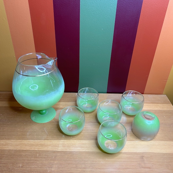 Vintage art glass mixing cocktail pitcher and roly poly glasses glass faded green MCM bar cart - 6 glasses retro