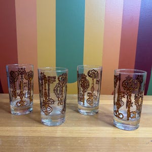 Vintage Libbey Gold Skelett Schlüssel Barware Trink Highball Gläser Tassen Glas - emailliertes Overlay 4er Set