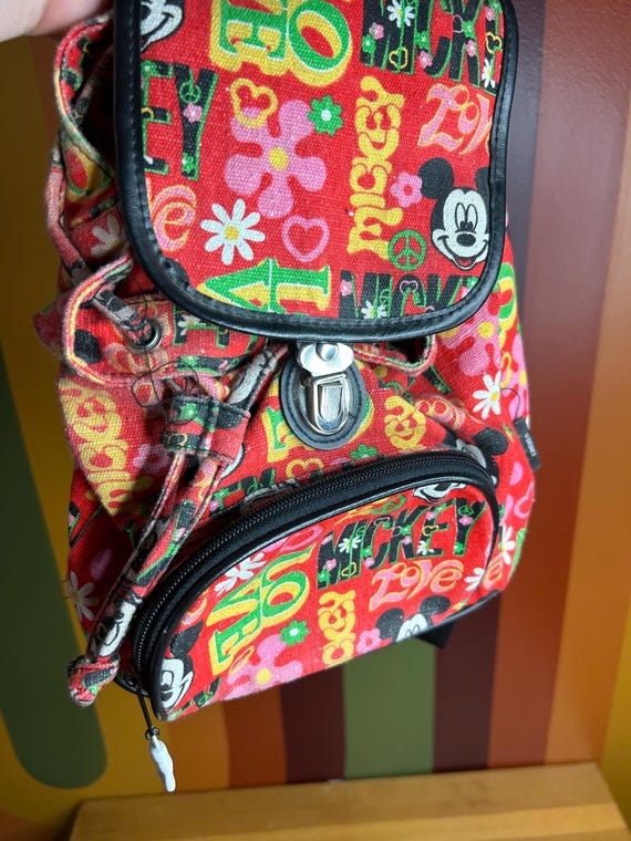 Vintage Mickey Mouse Purse Backpack Bag Peace Love Hippy Red  display picture 3