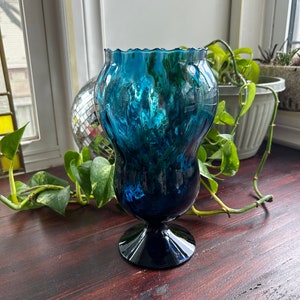 Bote de boticario de vidrio vintage azul Empoli, bote para dulces, italiano, alto, MCM, moderno de mediados de siglo, fondo de repuesto - FALTA tapa, GRIETA fina