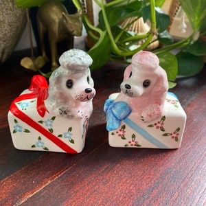 PY Pink Poodle Dog Salt Pepper Shakers Figurines Japan 1950s Retro Vintage