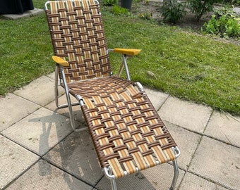 Vintage  aluminium brown long leg rest outdoor patio folding chair retro summer spring outdoors outside relax oasis