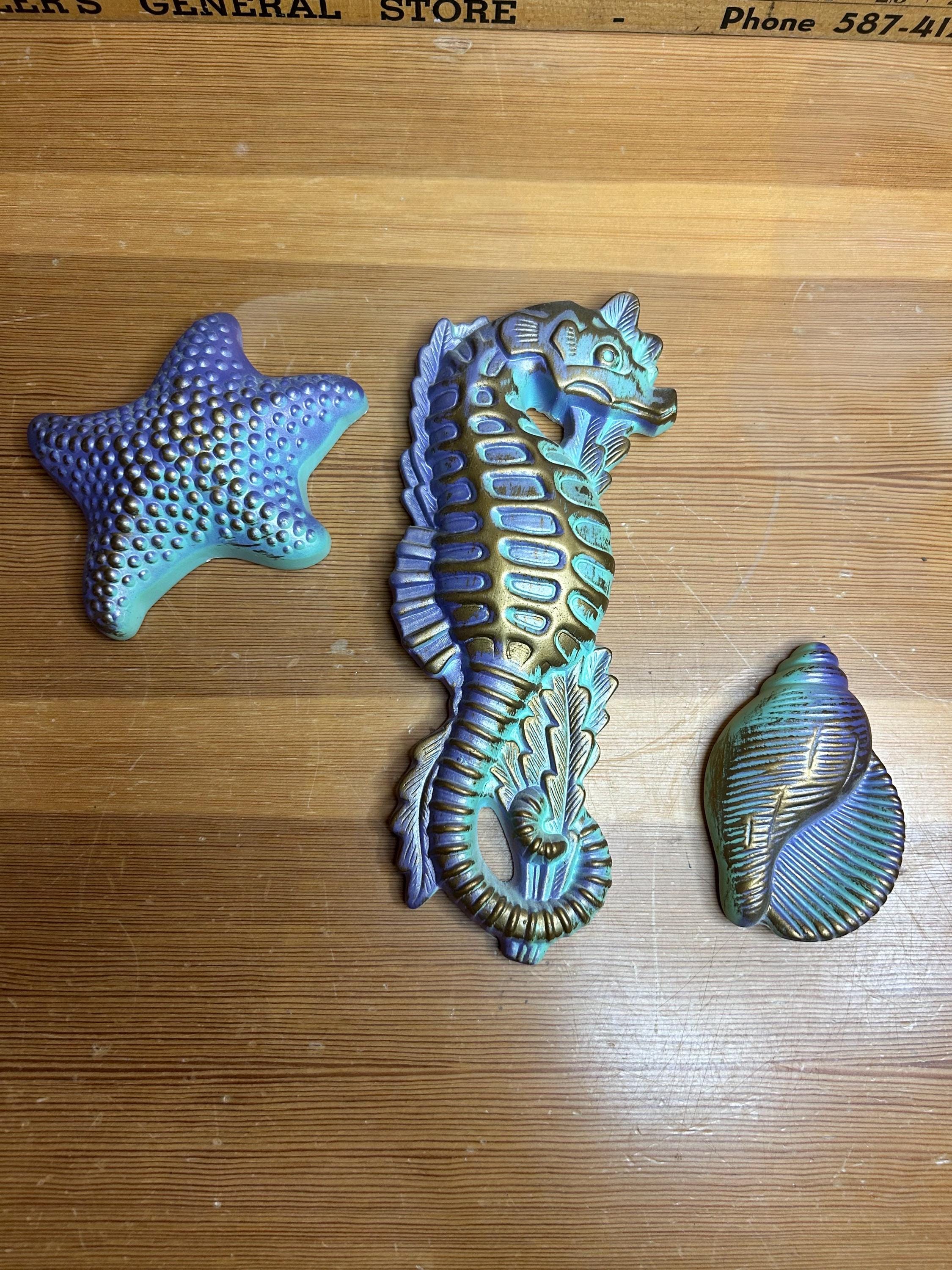 Vintage chalkware wall decor MCM sea horse nautical made by Miller Studio Inc pastel purple seashell starfish