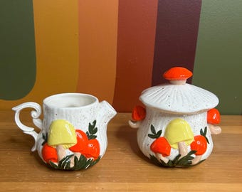 Sucrier et crémier en céramique mushié aux champignons Arnels, l'heure du thé colorée cottagecore