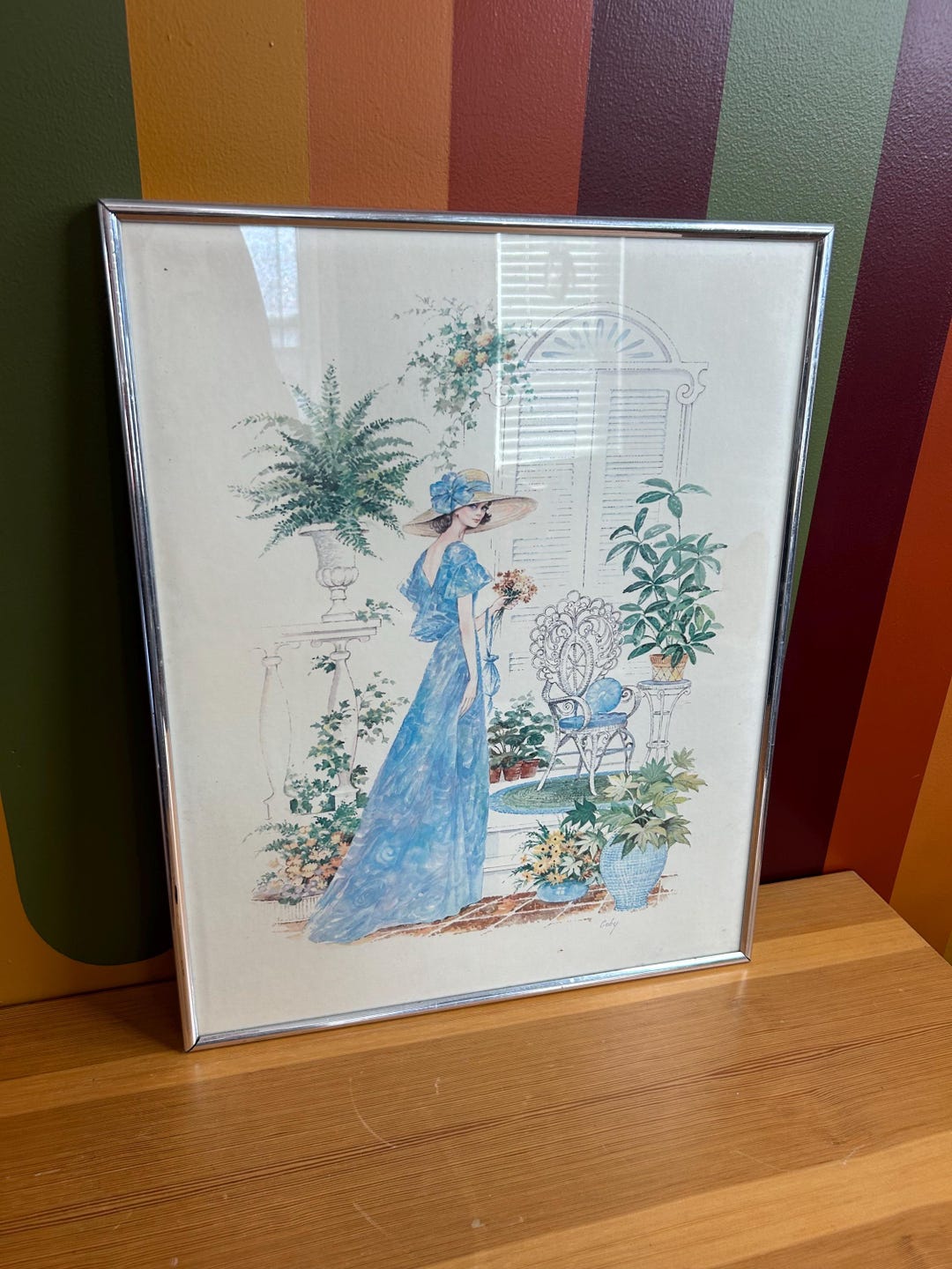 1976 Print Signed Coby Women Girl in a Blue Dress Hat Plants Vintage ...