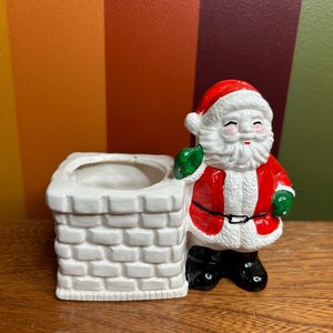 Vintage Christmas smiling Santa planter with sack ceramic cute kitschy decor money Mr clause