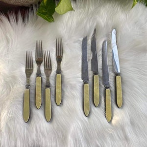 Silverware Set Vintage, Stainless Steel Fork and Knife Mother of pearl Handles. 4 pcs each