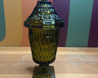Vintage Indiana Glass Diamond Point Footed Candy Dish green catch all - chipped