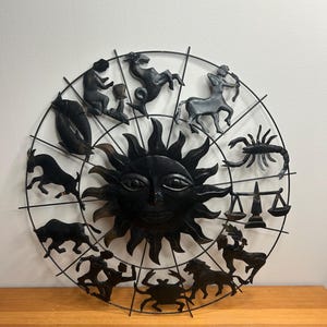 Décoration murale intérieure fine en métal noir, soleil céleste, extérieur, zodiaque vintage
