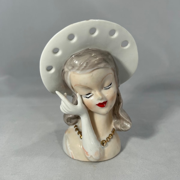 Vintage lady head planter vase women girl  hat eyelashes gold white red lips  - chipped eyelashes