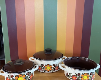 Maceta esmaltada flower power de los años 70 con asas, juego de 3 con tapa marrón