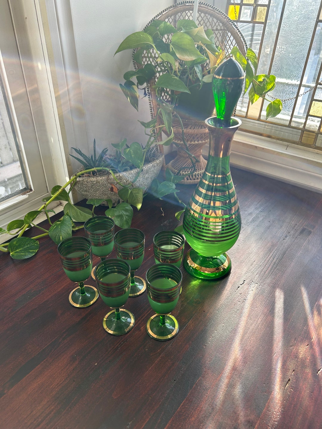 Vintage Green Gold Bar Decanter With 6 Shot Glasses Bar Cart New Years Etsy