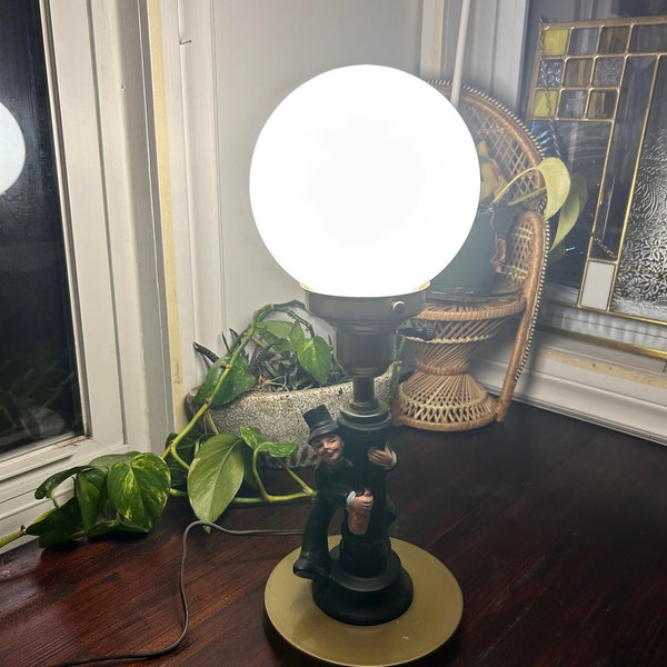 Bar Lamp Old Timey Bedside Lamp Frosted Glass Shade Drunk Man in Suit and Top Hat Antique Art Deco Hollywood Regency Accent Lamp