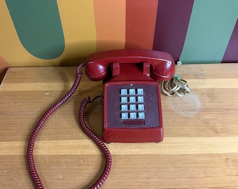 Vintage plastic red phone button bell home table top telephone phone Jack landline-  TESTED WORKING