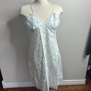Vintage Lingerie cotton nighty slip dress night gown white blue flowers lace - size small/M