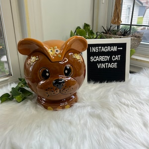 May include: A brown ceramic cookie jar shaped like a dog with floral accents. The jar has large eyes and a brown nose. The jar is sitting on a white fluffy surface. The text "INSTAGRAM - SCAREDY CAT VINTAGE" is on a black letter board behind the jar.
