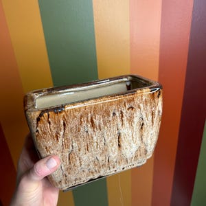 Puede incluir: Una jardinera rectangular de cerámica con un exterior texturizado marrón y beige. La jardinera tiene un borde e interior marrón oscuro brillante. La jardinera está sostenida por una mano contra un fondo a rayas de colores.