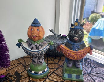 Svarta "vintagestil" keramik Halloween-dekoration bus eller godis katt pumpa huvud figurer