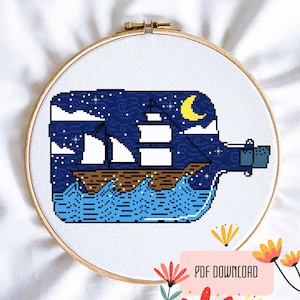 Ship in a Bottle Modern Cross Stitch PDF Download