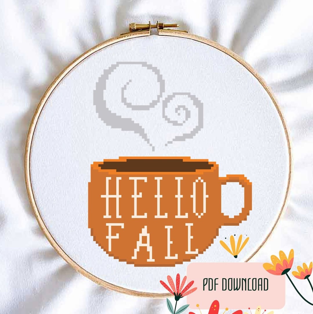 Hello Fall Coffee Mug Cross Stitch Pattern PDF, Modern Cross Stitch Etsy