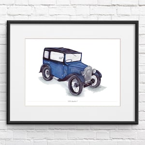 May include: A watercolour painting of a blue 1931 Austin 7 car. The car is facing the viewer and has a black roof and black wheels.