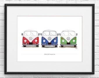 VW Camper Van Three in A Row Illustration Giclée Print / Personalised Car Print / VW Camper Gifts