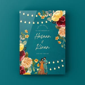Editable Colourful Mehndi Invitation Template | Orange & Teal Mehndi Haldi Dholki Mayoun Invite | Canva Template for Digital Download