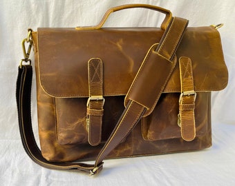 Handgefertigte Leder Büffel Umhängetasche Vintage Schultertasche Büro Aktentasche Leder Crossbody Body Bag für Männer und Frauen Valentinstag Geschenk