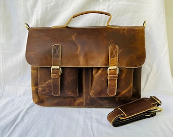 Handgefertigte Leder Büffel Umhängetasche Vintage Schultertasche Büro Aktentasche Leder Crossbody Body Bag für Männer und Frauen Valentinstag Geschenk