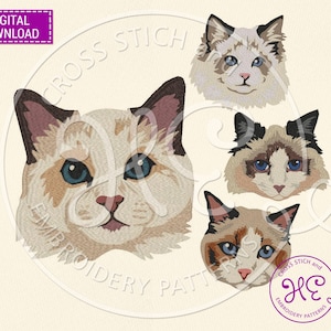 May include: An embroidery pattern featuring four cat faces with detailed stitching. The cats have blue eyes and various fur patterns in shades of brown, cream, and black. The design includes the text "DIGITAL DOWNLOAD" and "CROSS STITCH EMBROIDERY PATTERNS".