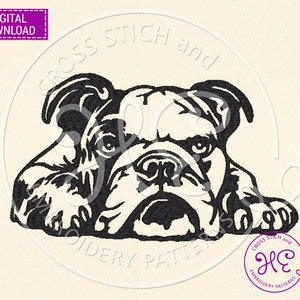 May include: Black and white line art illustration of a bulldog lying down with its head resting on its paws. The bulldog has a serious expression on its face.