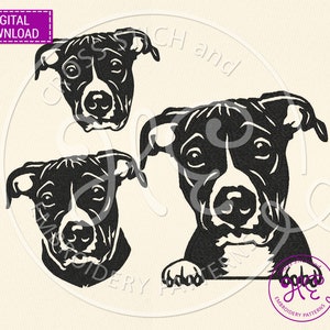 Puede incluir: Silueta en blanco y negro de tres perros pit bull. Dos perros miran directamente al espectador, mientras que el tercer perro asoma por encima de una superficie con sus patas visibles.