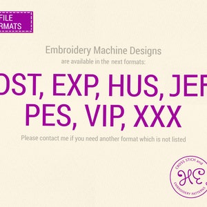 Pode incluir: Gr&aacute;fico creme com o texto "FILE FORMATS" num ret&acirc;ngulo roxo. Lista formatos de arquivo de design de m&aacute;quinas de bordar: DST, EXP, HUS, JEF, PES, VIP e XXX. A imagem tamb&eacute;m inclui um logotipo para "Cross Stitch and Embroidery Patterns."